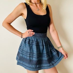 New American Eagle Outfitters Blue Chambray Embroidered Pleated Mini Skirt